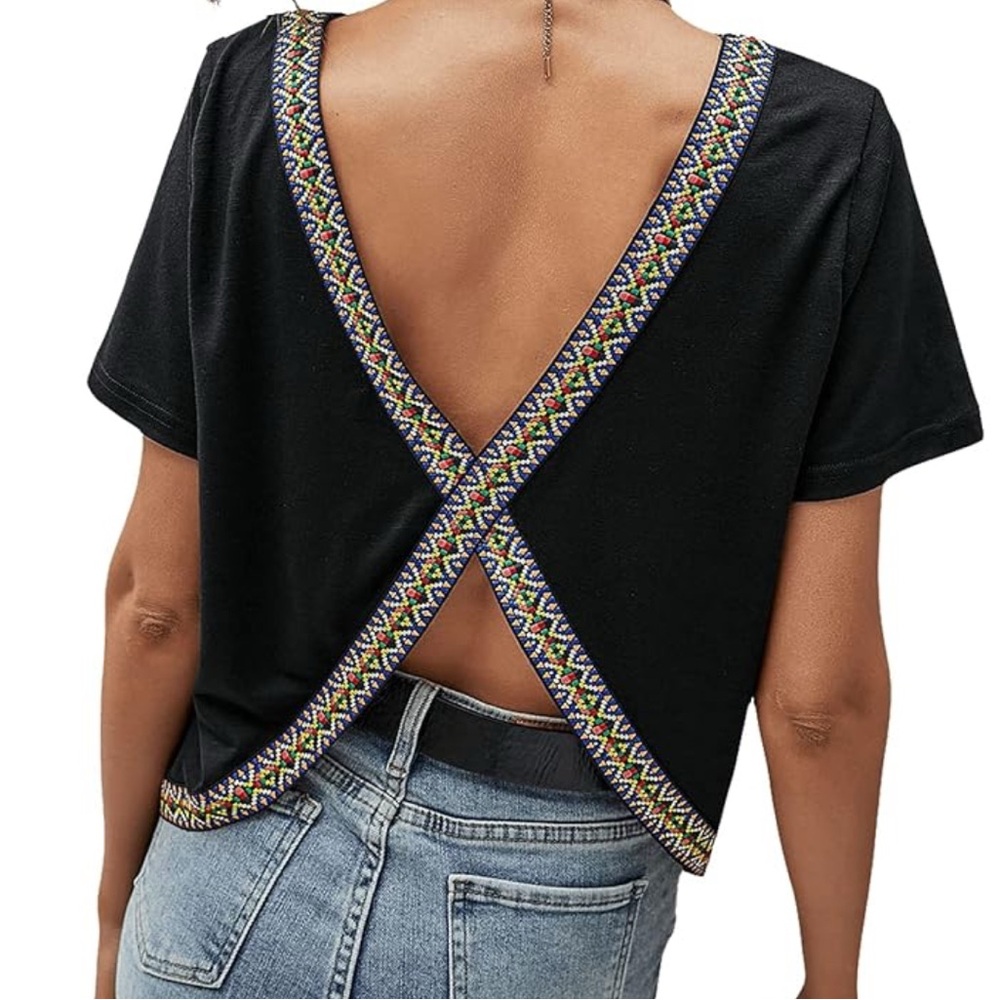 Black V-Neck Embroidered Women Top